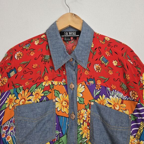Vtg SK Wear Top Sz L Multi Mixed Print Mod Daisy Floral Denim Pockets Retro - Picture 2 of 13